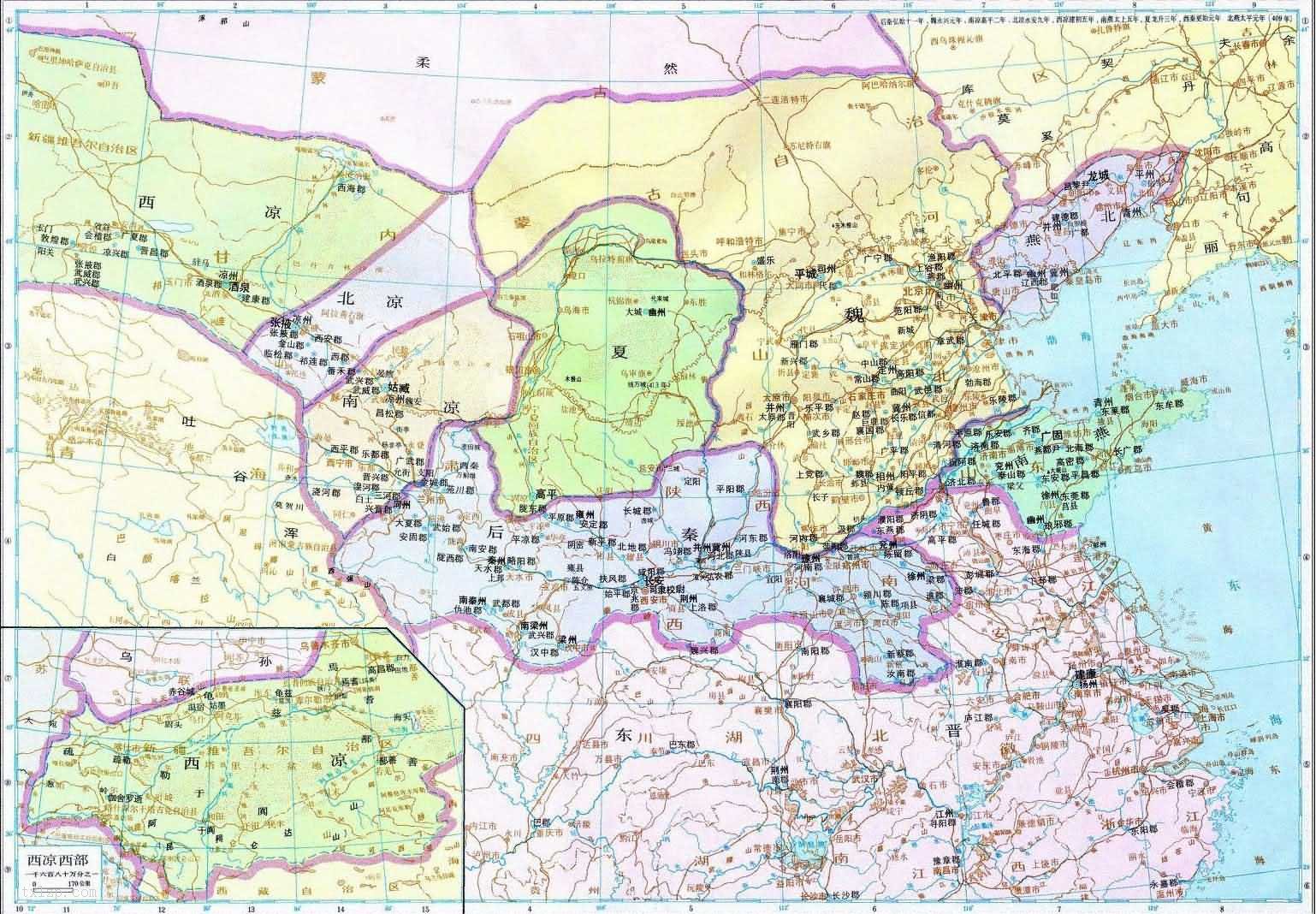 东晋时期后秦、魏、南凉、北凉、西凉、南燕、夏、西秦、北燕地图预览图